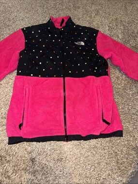 The North Face Girls' Hot Pink Fleece Jacket with Black Polka Dot Yoke